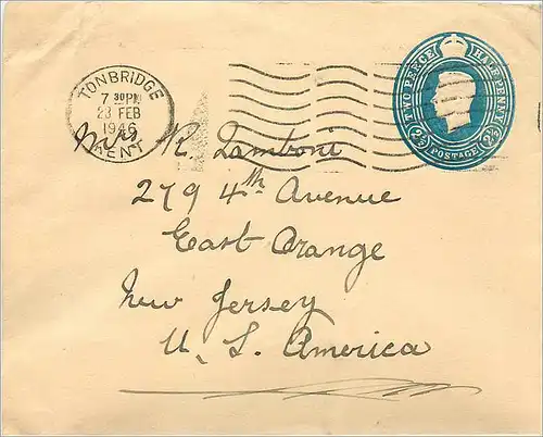 Entier Postal Postal Stationary Grande Bretagne Great Britain 2 1/2p Tonbridge 1946