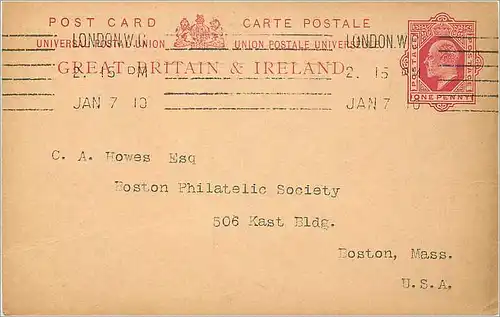 Entier Postal Postal Stationary Grande Bretagne Great Britain 1p London for Boston 1910