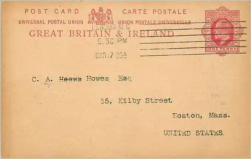 Entier Postal Postal Stationary Grande Bretagne Great Britain 1p London for Boston 1909