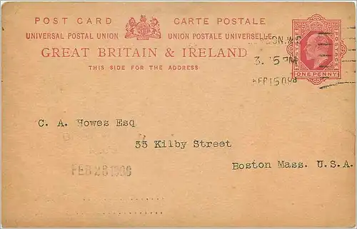 Entier Postal Postal Stationary Grande Bretagne Great Britain 1906 to Boston Alfred Smith London