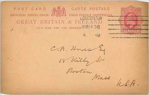 Entier Postal Postal Stationary Grande Bretagne Great Britain 1906 London to Boston