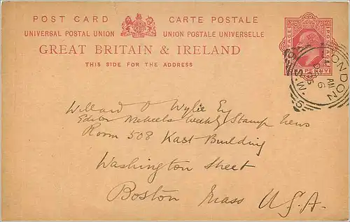 Entier Postal Postal Stationary Grande Bretagne Great Britain 1905 London to Boston