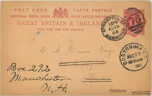 Entier Postal Postal Stationary Grande Bretagne Great Britain 1903 London to Boston Alfred Smith