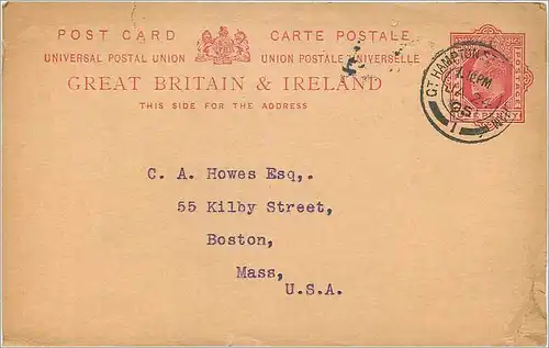 Entier Postal Postal Stationary Grande Bretagne Great Britain 1905 London to Boston Alfred Smith