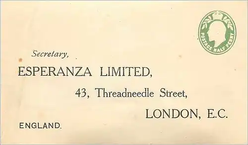 Entier Postal Postal Stationary Grande Bretagne Great Britain 1/2 Esperanza Limited London