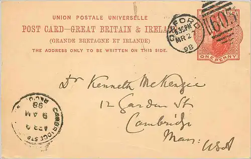 Entier Postal Postal Stationary Grande Bretagne Great Britain 1898 London to Cambridge