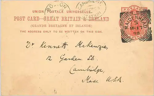 Entier Postal Postal Stationary Grande Bretagne Great Britain 1898 Maidenhead to Cambridge