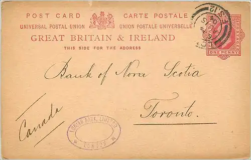 Entier Postal Postal Stationary Grande Bretagne Great Britain 1904 London to Toronto