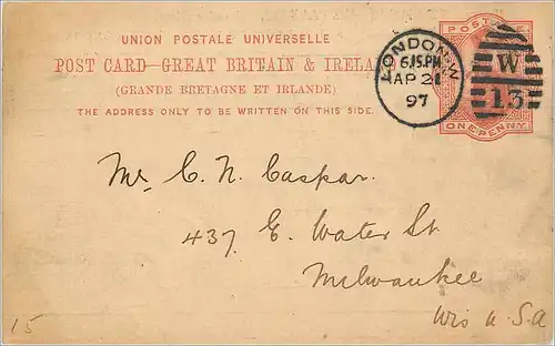 Entier Postal Postal Stationary Grande Bretagne Great Britain 1897 London to Milwaukee