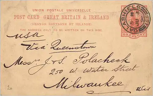Entier Postal Postal Stationary Grande Bretagne Great Britain 1895 Lashiels to Milwaukee