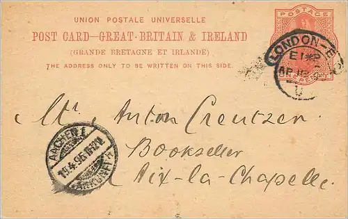 Entier Postal Postal Stationary Grande Bretagne Great Britain  1896 London to Aix la Chapelle