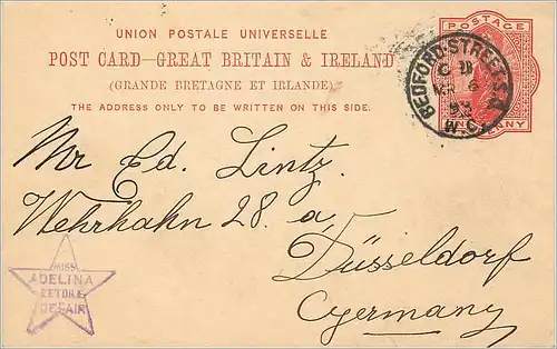 Entier Postal Postal Stationary Grande Bretagne Great Britain Bedford to Dusselfdof 1893