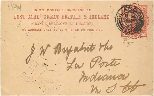 Entier Postal Postal Stationary Grande Bretagne Great Britain 1894 Glasgow to Indiana La Porte USA