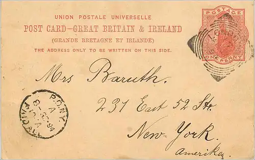 Entier Postal Postal Stationary Grande Bretagne Great Britain London 1894 to New York