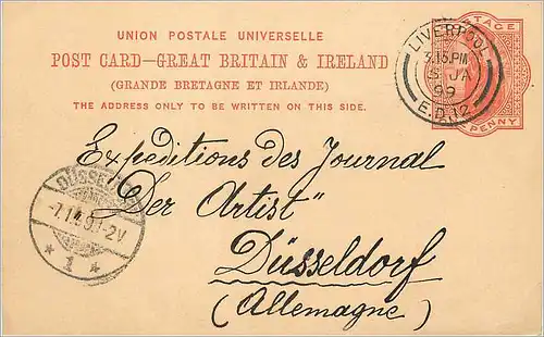 Entier Postal Postal Stationary Grande Bretagne Great Britain 1899 Liverpool to Dusseldorf