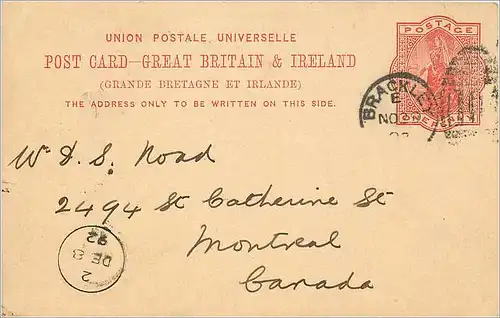 Entier Postal Postal Stationary Grande Bretagne Great Britain Brackley 1892 to Montreal