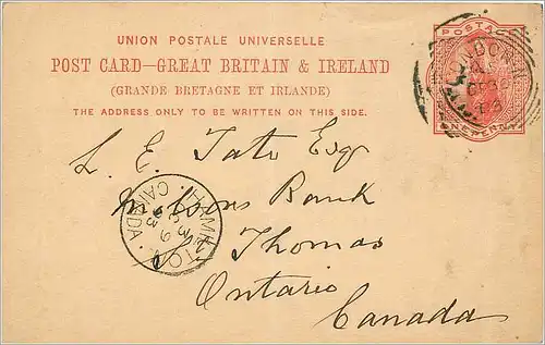 Entier Postal Postal Stationary Grande Bretagne Great Britain 1883 London to Thomas Ontario