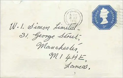 Entier Postal Postal Stationary Grande Bretagne Great Britain Machin Louth 1971