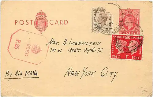 Entier Postal Postal Stationary Grande Bretagne Great Britain to New York Censor
