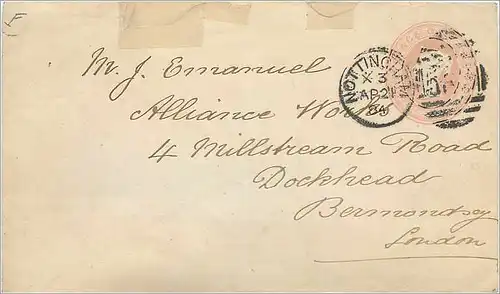 Entier Postal Postal Stationary Grande Bretagne Great Britain 1884 Nottingham to London