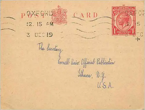 Entier Postal Postal Stationary Grande Bretagne Great Britain Oxford to Ithaca USA 1919