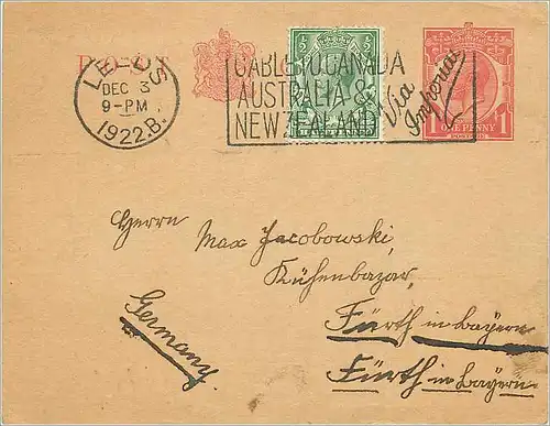 Entier Postal Postal Stationary Grande Bretagne Great Britain Leeds 1922 to Germany