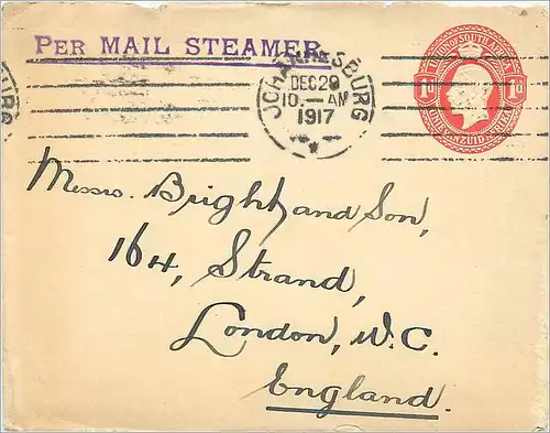 Entier Postal Postal Stationary Afrique du Sud Johannesburg to London 1917