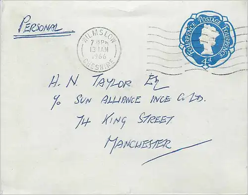 Entier Postal Postal Stationary Grande Bretagne Great Britain 4d Wilmslow 1966 for Manchester