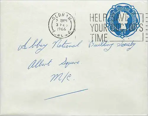 Entier Postal Postal Stationary Grande Bretagne Great Britain 4d 1966  Oldham for Manchester