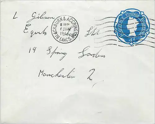 Entier Postal Postal Stationary Grande Bretagne Great Britain 4d 1966 Blackburn for Manchester