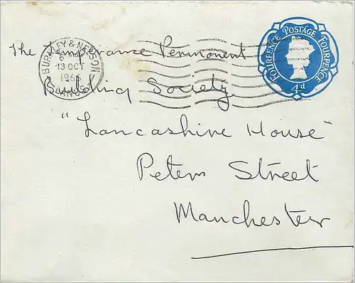 Entier Postal Postal Stationary Grande Bretagne Great Britain 4d 1966 Burnley & Nelson for Mancheste