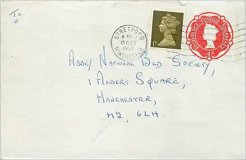 Entier Postal Postal Stationary Grande Bretagne Great Britain 4d +1d Machin Stretford 1969 for Manch