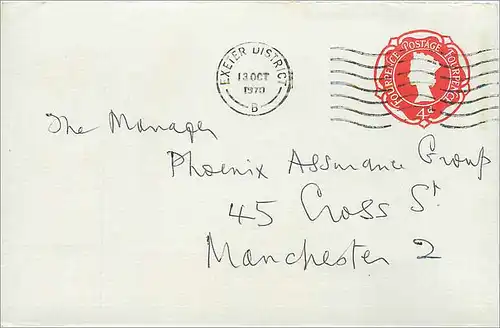 Entier Postal Postal Stationary Grande Bretagne Great Britain 1d Exeter for Manchester 1970