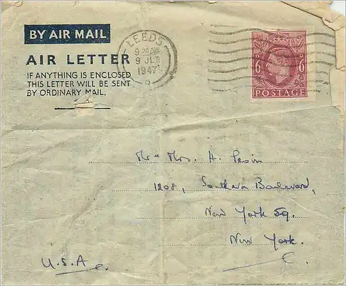 Entier Postal Postal Stationary Grande Bretagne Great Britain Aerogram 6d 1947 Leeds for New York