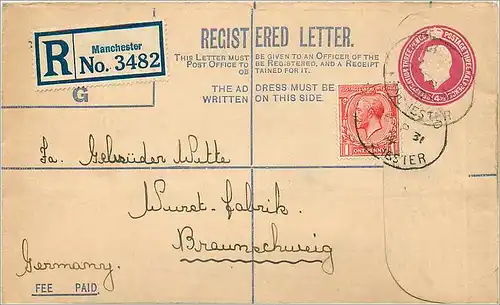 Entier Postal Postal Stationary Grande Bretagne Great Britain 4 1/2d + 1c for Germany Manchester 193