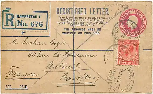 Entier Postal Postal Stationary Grande Bretagne Great Britain 4 1/2d + 1 p Hampstead for Paris 1927