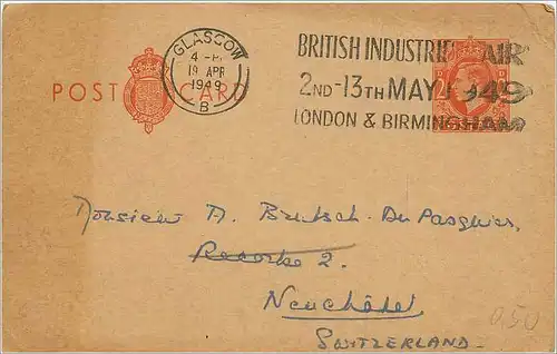 Entier Postal Postal Stationary Grande Bretagne Great Britain 2d Slogan British Industries 1949 Glas