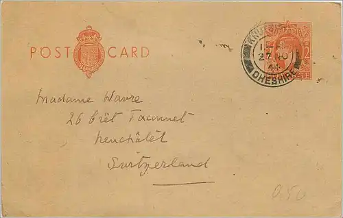 Entier Postal Postal Stationary Grande Bretagne Great Britain 2d for Neuchatel 1944