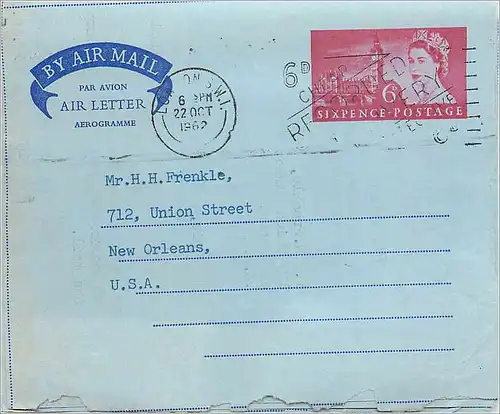Entier Postal Postal Stationary Grande Bretagne Great Britain Machin Aerogram 6d 1962