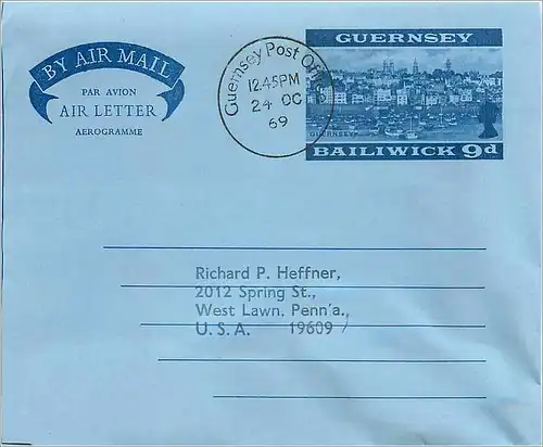 Entier Postal Postal Stationary Grande Bretagne Great Britain Machin Aerogram Guernsey 1969