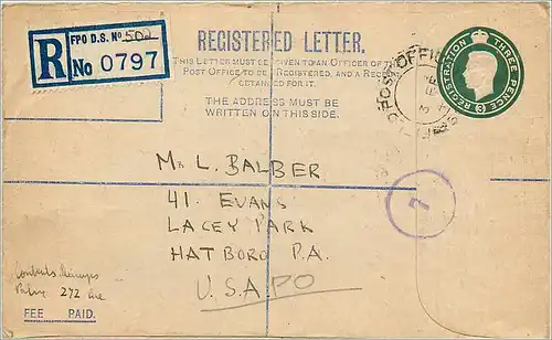 Entier Postal Postal Stationary Grande Bretagne Great Britain Field Post Office to Hat Boro Pa
