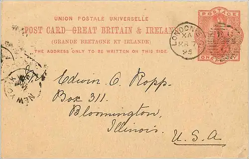 Entier Postal Postal Stationary Grande Bretagne Great Britain 1p London for Illinois 1895