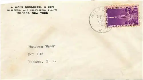 Lettre Cover Etats-Unis 3c Golden Gate on Milford 1934 cover to Ithaca