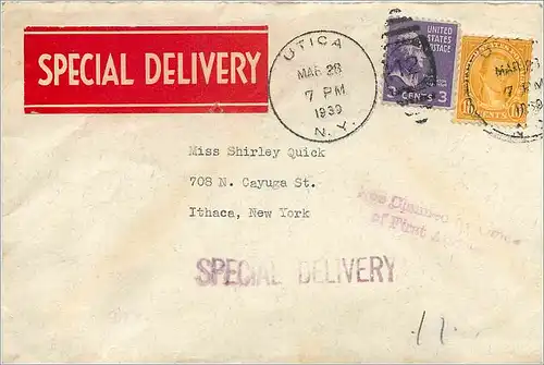 Lettre Cover Etats-Unis 3c + 10 c on Utica special delivery 1939 cover to Ithaca