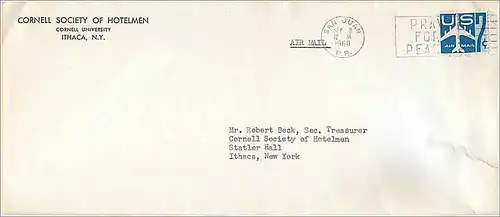 Lettre Cover Etats-Unis 1960 San Juan cover Cornell Society of Hotelman Ithaca