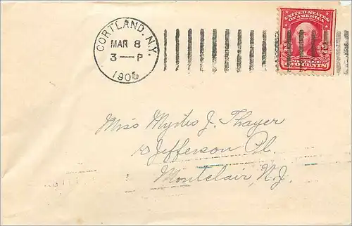 Lettre Cover Etats-Unis 2c on 1905 Cortland cover for Montlcair