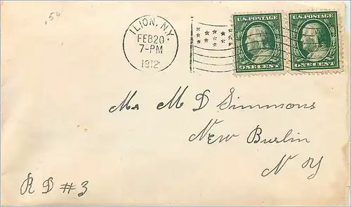 Lettre Cover Etats-Unis 2*1c on 1912 Ilion NY cover
