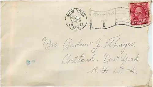 Lettre Cover Etats-Unis 2c New York 1913 for Cortland