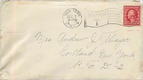 Lettre Cover Etats-Unis 2c New York 1913 for Cortland