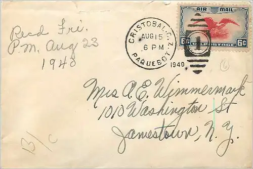 Lettre Cover Etats-Unis 6c Cristobal for Jamestown Paquebot 1940